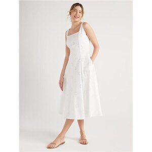 Women's Cotton Sleeveless Square Neck Eyelet Midi Dress